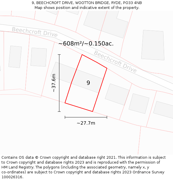 9, BEECHCROFT DRIVE, WOOTTON BRIDGE, RYDE, PO33 4NB: Plot and title map