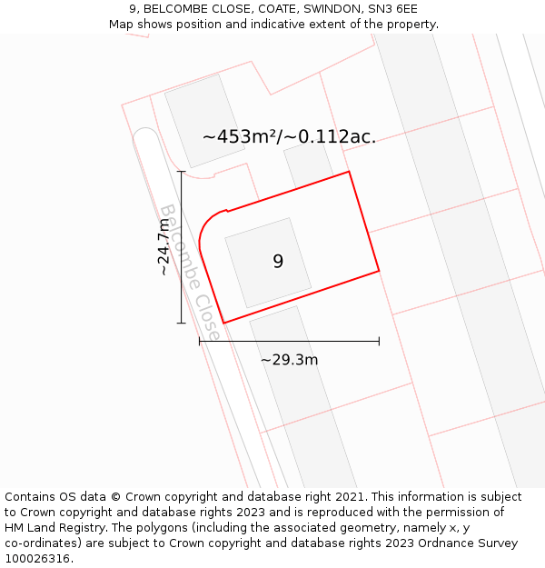9, BELCOMBE CLOSE, COATE, SWINDON, SN3 6EE: Plot and title map