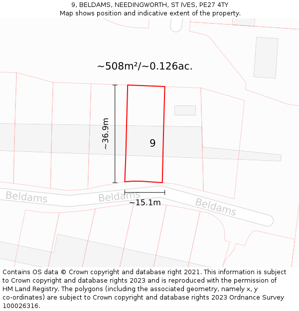 9, BELDAMS, NEEDINGWORTH, ST IVES, PE27 4TY: Plot and title map