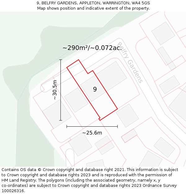 9, BELFRY GARDENS, APPLETON, WARRINGTON, WA4 5GS: Plot and title map