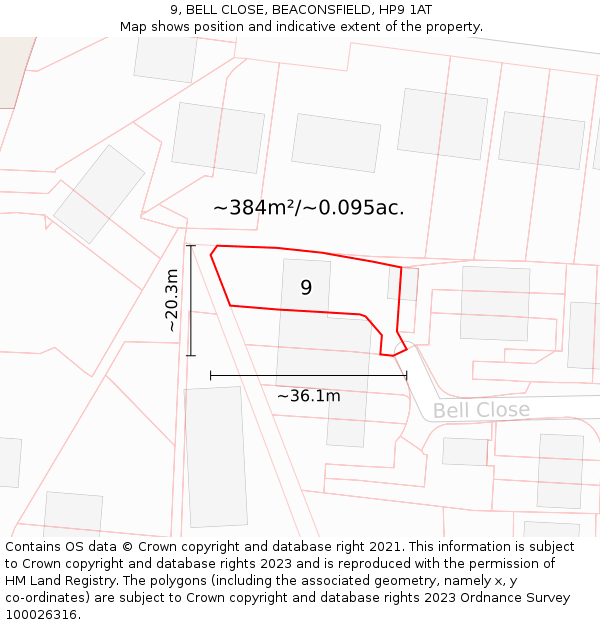 9, BELL CLOSE, BEACONSFIELD, HP9 1AT: Plot and title map