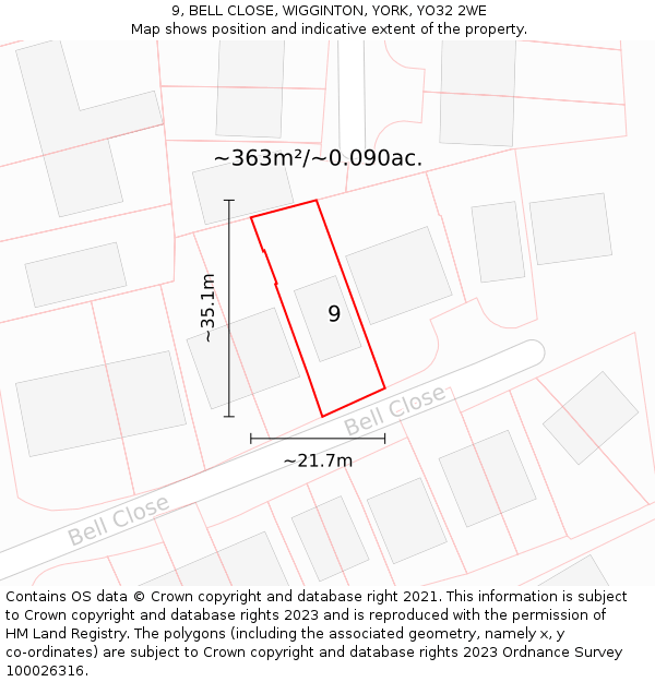 9, BELL CLOSE, WIGGINTON, YORK, YO32 2WE: Plot and title map