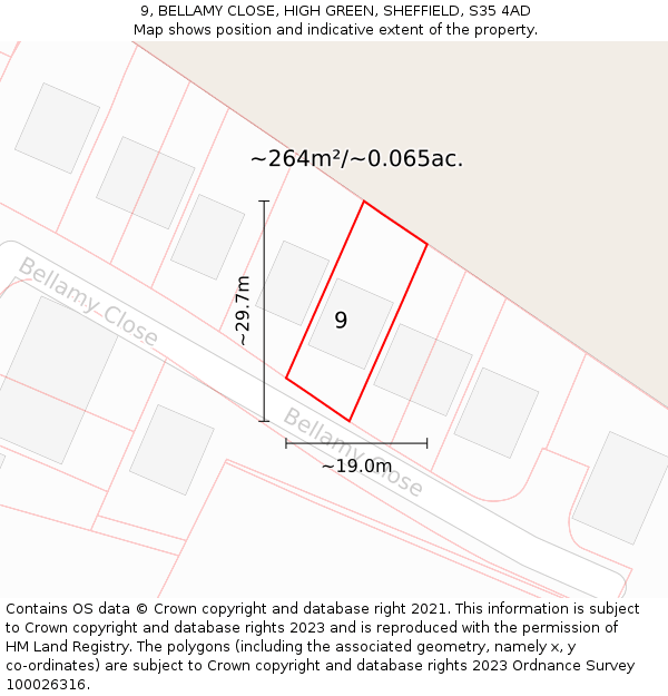 9, BELLAMY CLOSE, HIGH GREEN, SHEFFIELD, S35 4AD: Plot and title map