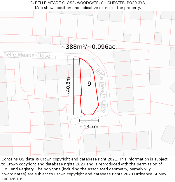 9, BELLE MEADE CLOSE, WOODGATE, CHICHESTER, PO20 3YD: Plot and title map