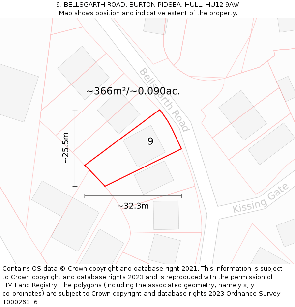 9, BELLSGARTH ROAD, BURTON PIDSEA, HULL, HU12 9AW: Plot and title map