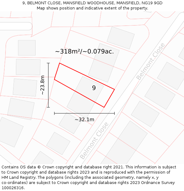 9, BELMONT CLOSE, MANSFIELD WOODHOUSE, MANSFIELD, NG19 9GD: Plot and title map