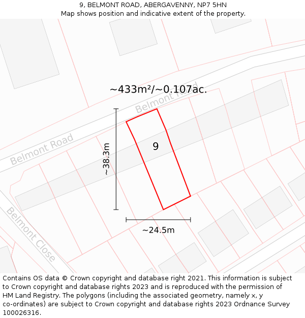 9, BELMONT ROAD, ABERGAVENNY, NP7 5HN: Plot and title map