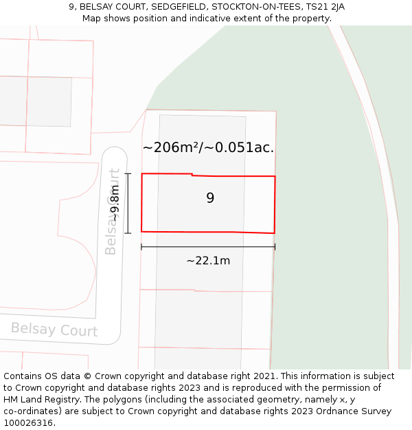 9, BELSAY COURT, SEDGEFIELD, STOCKTON-ON-TEES, TS21 2JA: Plot and title map