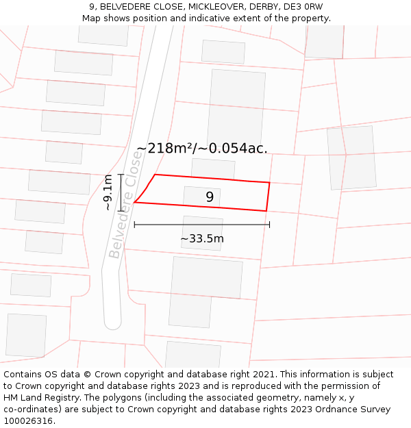 9, BELVEDERE CLOSE, MICKLEOVER, DERBY, DE3 0RW: Plot and title map