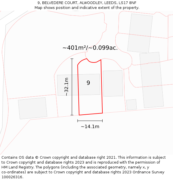 9, BELVEDERE COURT, ALWOODLEY, LEEDS, LS17 8NF: Plot and title map