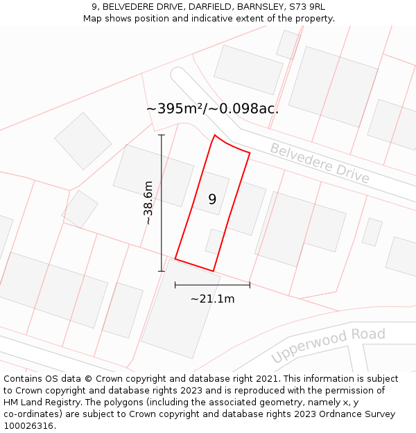 9, BELVEDERE DRIVE, DARFIELD, BARNSLEY, S73 9RL: Plot and title map