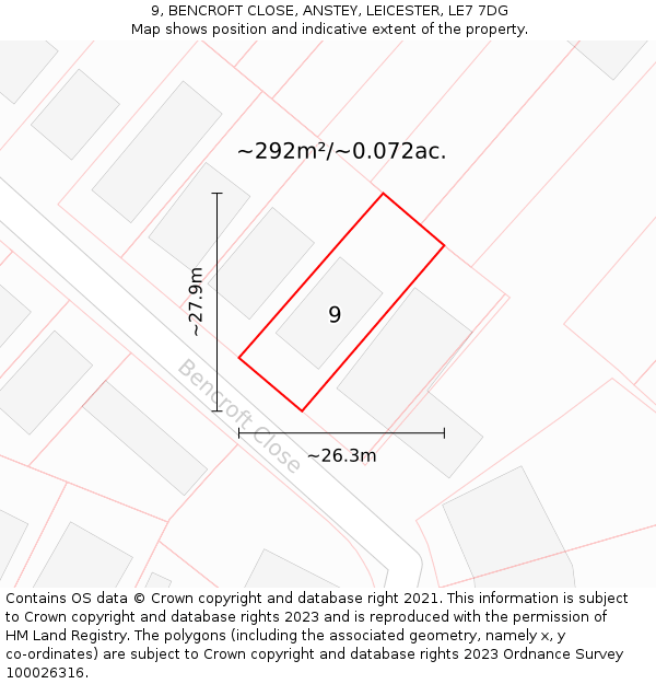9, BENCROFT CLOSE, ANSTEY, LEICESTER, LE7 7DG: Plot and title map