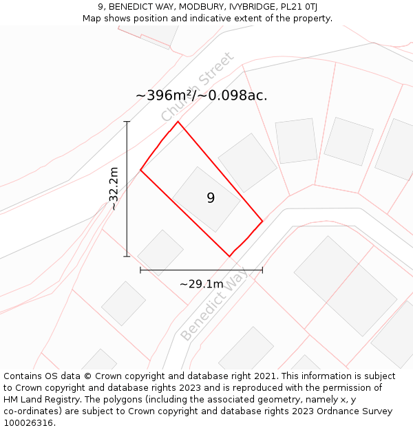 9, BENEDICT WAY, MODBURY, IVYBRIDGE, PL21 0TJ: Plot and title map