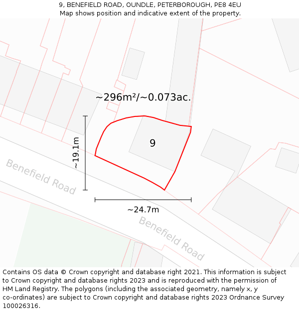 9, BENEFIELD ROAD, OUNDLE, PETERBOROUGH, PE8 4EU: Plot and title map