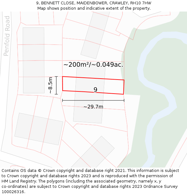 9, BENNETT CLOSE, MAIDENBOWER, CRAWLEY, RH10 7HW: Plot and title map
