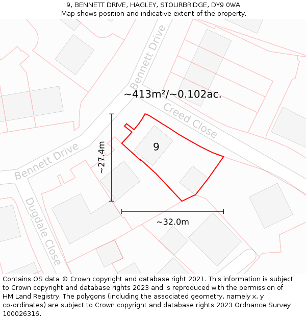 9, BENNETT DRIVE, HAGLEY, STOURBRIDGE, DY9 0WA: Plot and title map