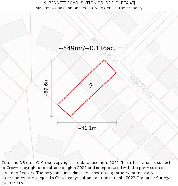9, BENNETT ROAD, SUTTON COLDFIELD, B74 4TJ: Plot and title map