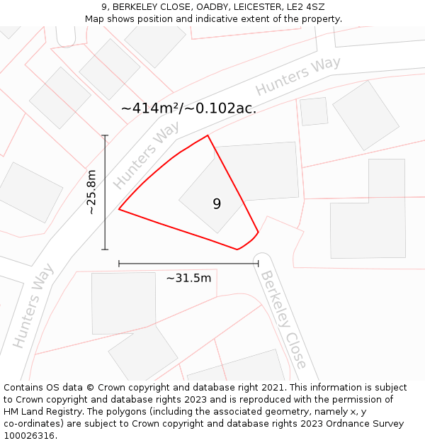 9, BERKELEY CLOSE, OADBY, LEICESTER, LE2 4SZ: Plot and title map