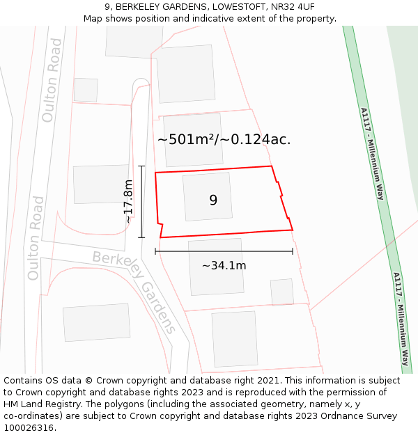 9, BERKELEY GARDENS, LOWESTOFT, NR32 4UF: Plot and title map