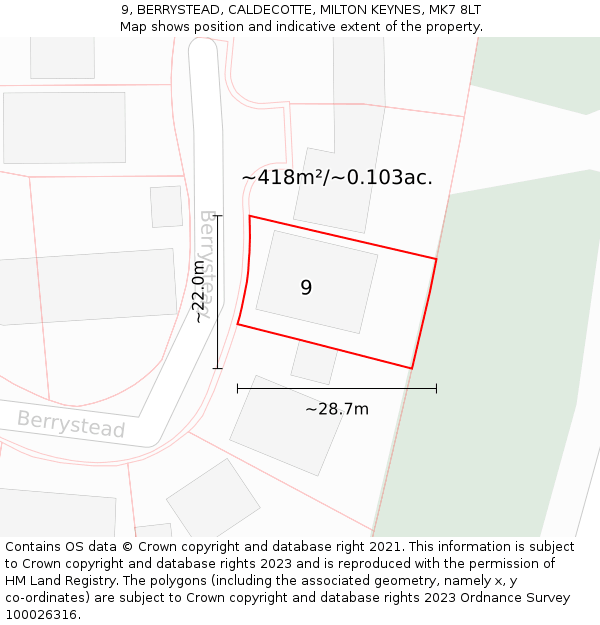 9, BERRYSTEAD, CALDECOTTE, MILTON KEYNES, MK7 8LT: Plot and title map