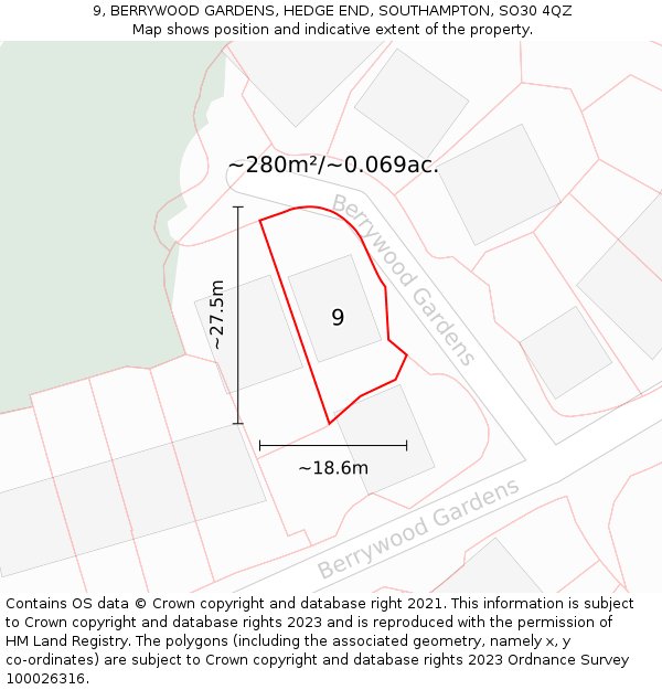 9, BERRYWOOD GARDENS, HEDGE END, SOUTHAMPTON, SO30 4QZ: Plot and title map