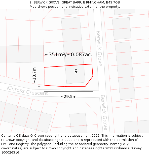 9, BERWICK GROVE, GREAT BARR, BIRMINGHAM, B43 7QB: Plot and title map