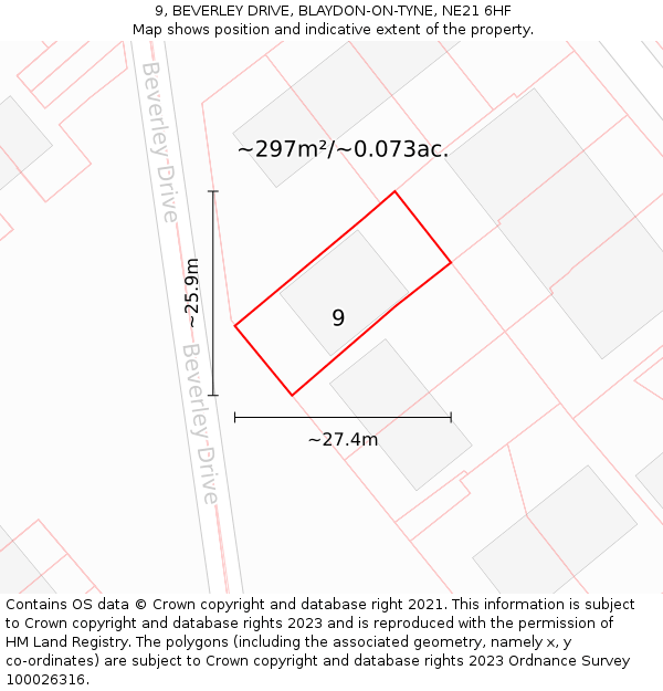 9, BEVERLEY DRIVE, BLAYDON-ON-TYNE, NE21 6HF: Plot and title map