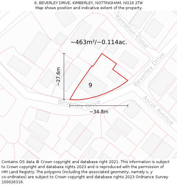 9, BEVERLEY DRIVE, KIMBERLEY, NOTTINGHAM, NG16 2TW: Plot and title map