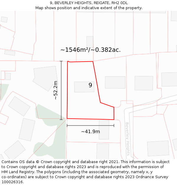 9, BEVERLEY HEIGHTS, REIGATE, RH2 0DL: Plot and title map
