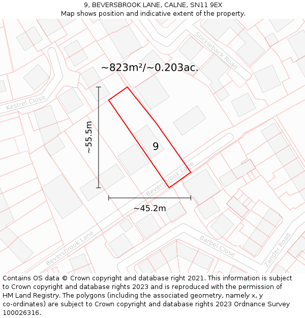 9, BEVERSBROOK LANE, CALNE, SN11 9EX: Plot and title map