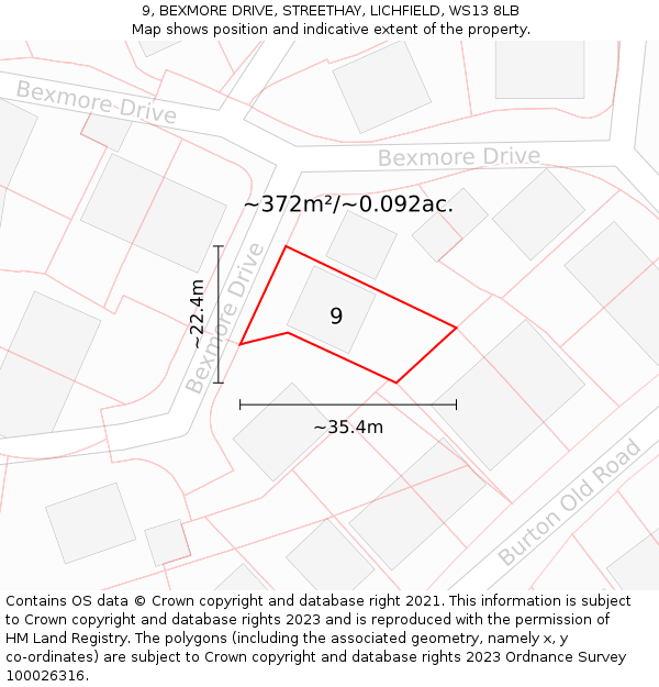 9, BEXMORE DRIVE, STREETHAY, LICHFIELD, WS13 8LB: Plot and title map
