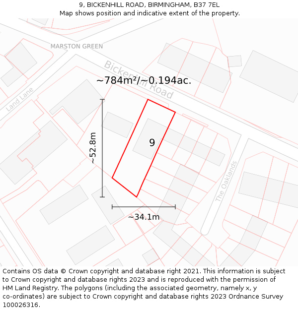 9, BICKENHILL ROAD, BIRMINGHAM, B37 7EL: Plot and title map