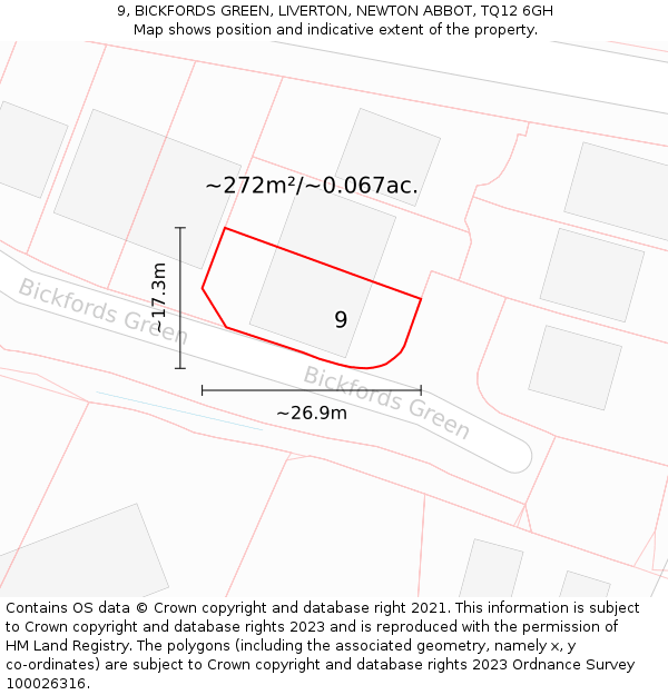 9, BICKFORDS GREEN, LIVERTON, NEWTON ABBOT, TQ12 6GH: Plot and title map