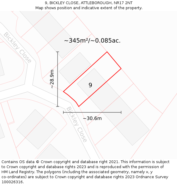 9, BICKLEY CLOSE, ATTLEBOROUGH, NR17 2NT: Plot and title map