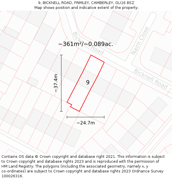 9, BICKNELL ROAD, FRIMLEY, CAMBERLEY, GU16 8SZ: Plot and title map