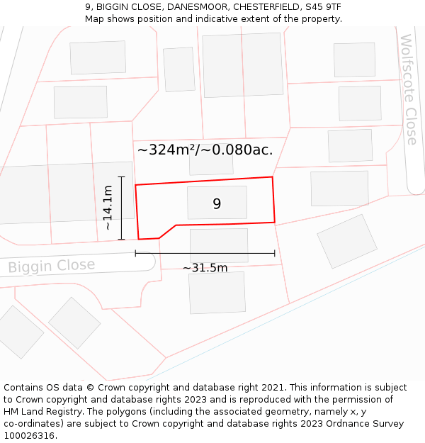 9, BIGGIN CLOSE, DANESMOOR, CHESTERFIELD, S45 9TF: Plot and title map