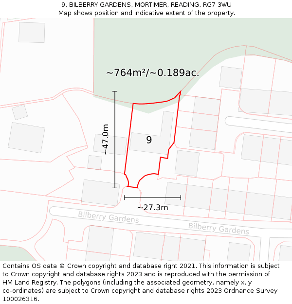 9, BILBERRY GARDENS, MORTIMER, READING, RG7 3WU: Plot and title map