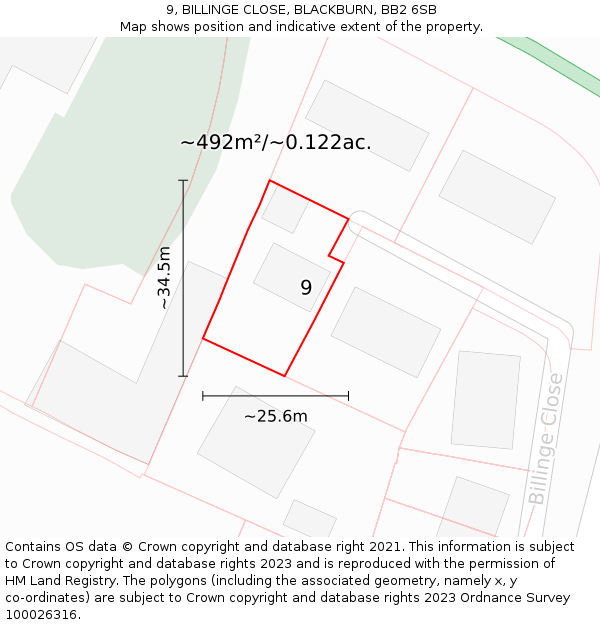9, BILLINGE CLOSE, BLACKBURN, BB2 6SB: Plot and title map