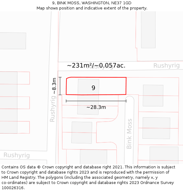 9, BINK MOSS, WASHINGTON, NE37 1GD: Plot and title map