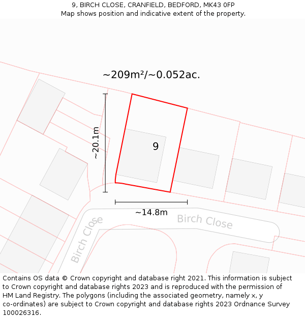 9, BIRCH CLOSE, CRANFIELD, BEDFORD, MK43 0FP: Plot and title map