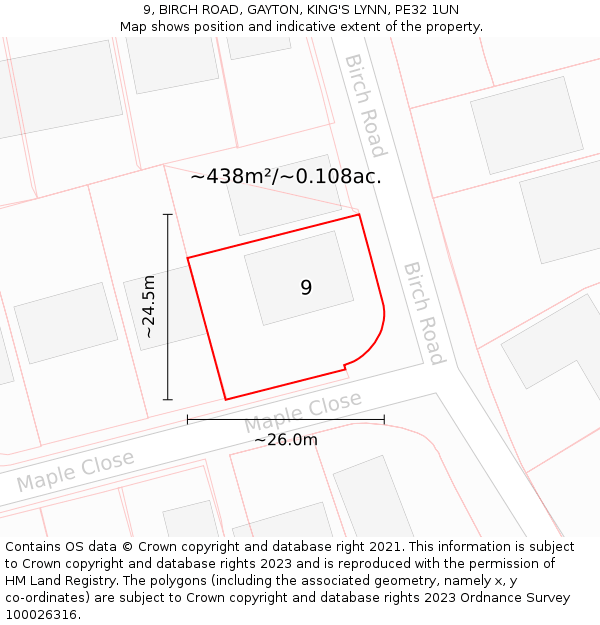 9, BIRCH ROAD, GAYTON, KING'S LYNN, PE32 1UN: Plot and title map