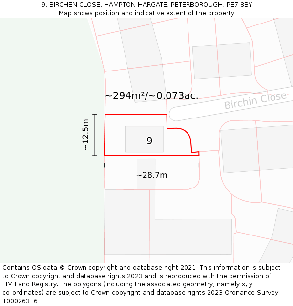 9, BIRCHEN CLOSE, HAMPTON HARGATE, PETERBOROUGH, PE7 8BY: Plot and title map