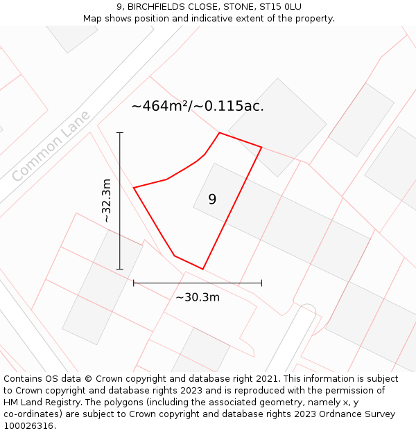 9, BIRCHFIELDS CLOSE, STONE, ST15 0LU: Plot and title map