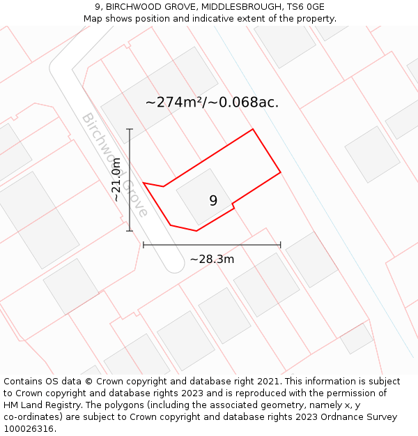 9, BIRCHWOOD GROVE, MIDDLESBROUGH, TS6 0GE: Plot and title map