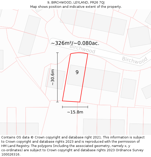 9, BIRCHWOOD, LEYLAND, PR26 7QJ: Plot and title map