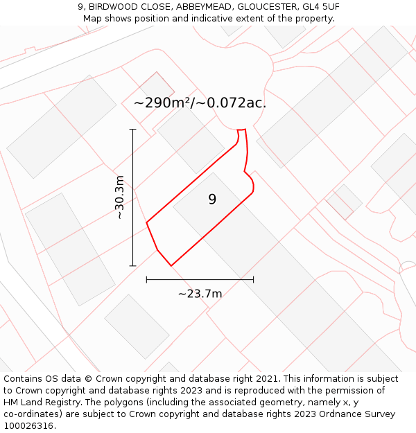 9, BIRDWOOD CLOSE, ABBEYMEAD, GLOUCESTER, GL4 5UF: Plot and title map