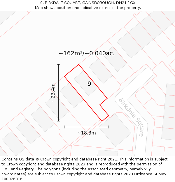 9, BIRKDALE SQUARE, GAINSBOROUGH, DN21 1GX: Plot and title map