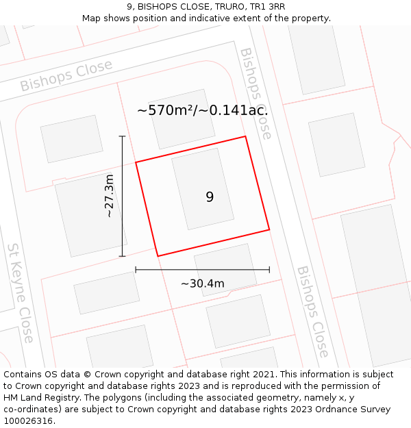 9, BISHOPS CLOSE, TRURO, TR1 3RR: Plot and title map