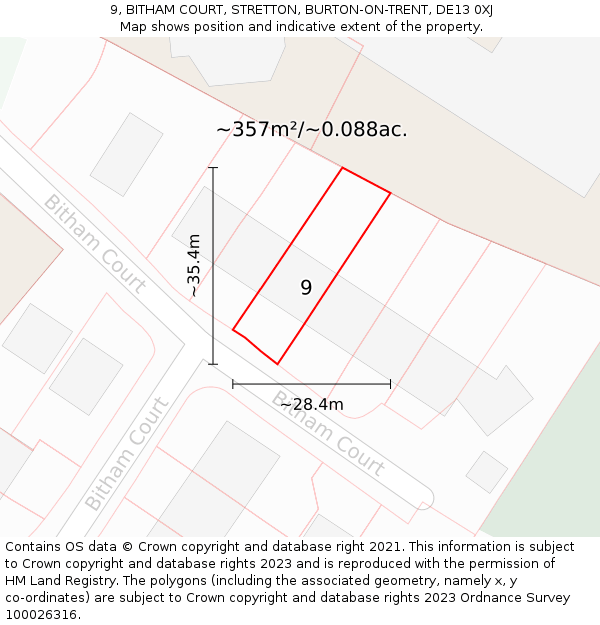 9, BITHAM COURT, STRETTON, BURTON-ON-TRENT, DE13 0XJ: Plot and title map