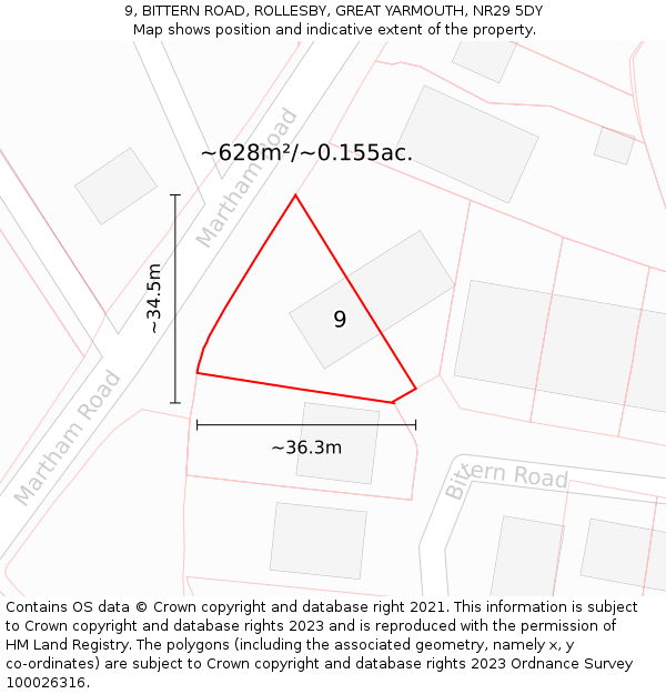 9, BITTERN ROAD, ROLLESBY, GREAT YARMOUTH, NR29 5DY: Plot and title map